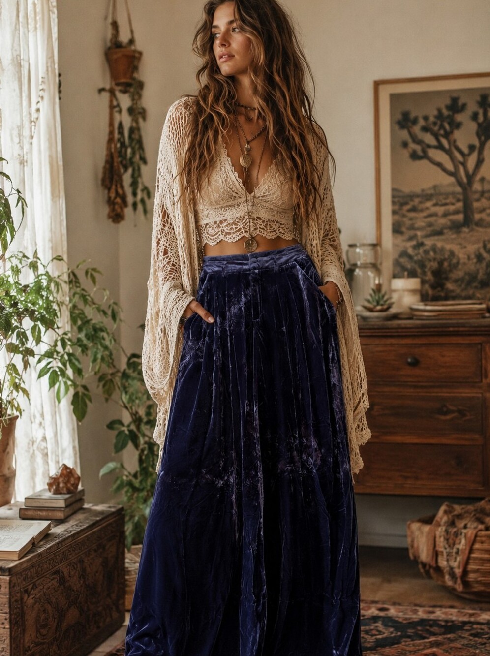 Maeve Anthropologie Boho Wide-Leg Velvet Pants Blue Velvet
